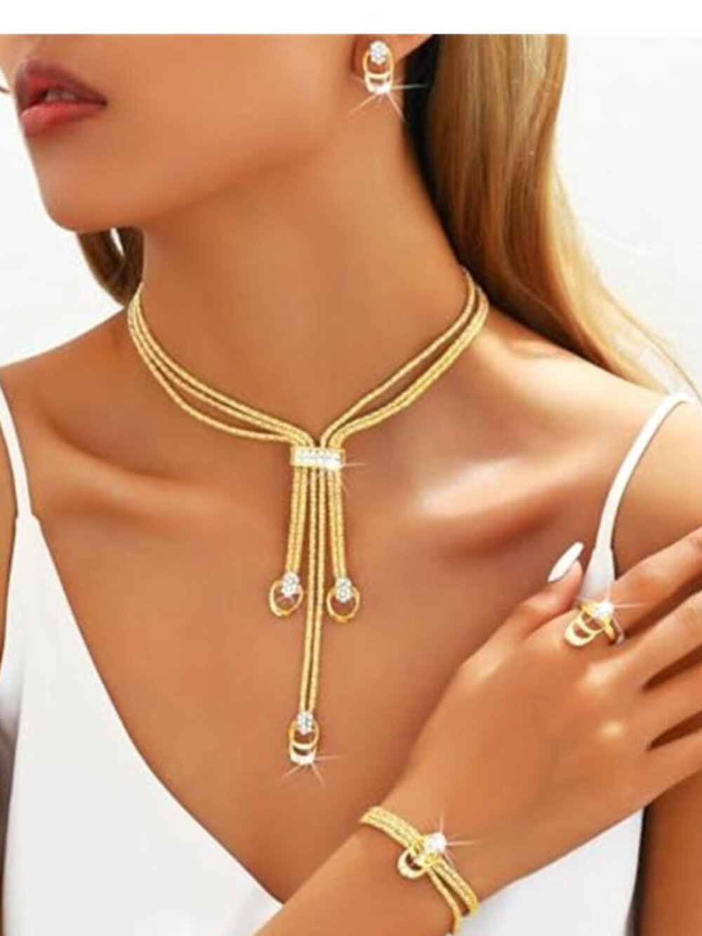Gold Tone Long Y Choker Necklace Set Rhinestone Layered Statement Jewelry